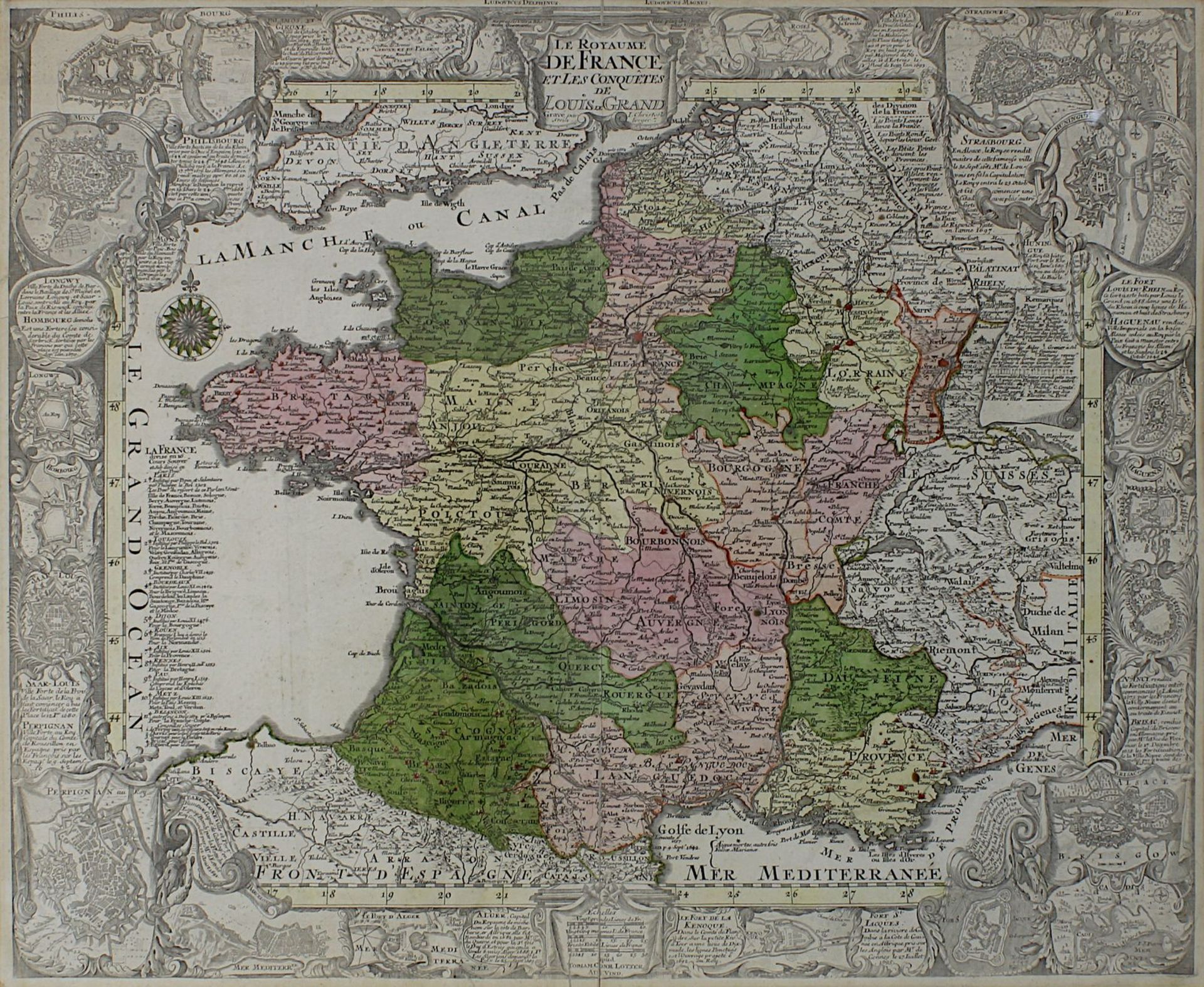 "Le Royaume de France et les conquêtes de Louis le Grand", kolorierte Kupferstichkarte, von Johann - Image 2 of 2
