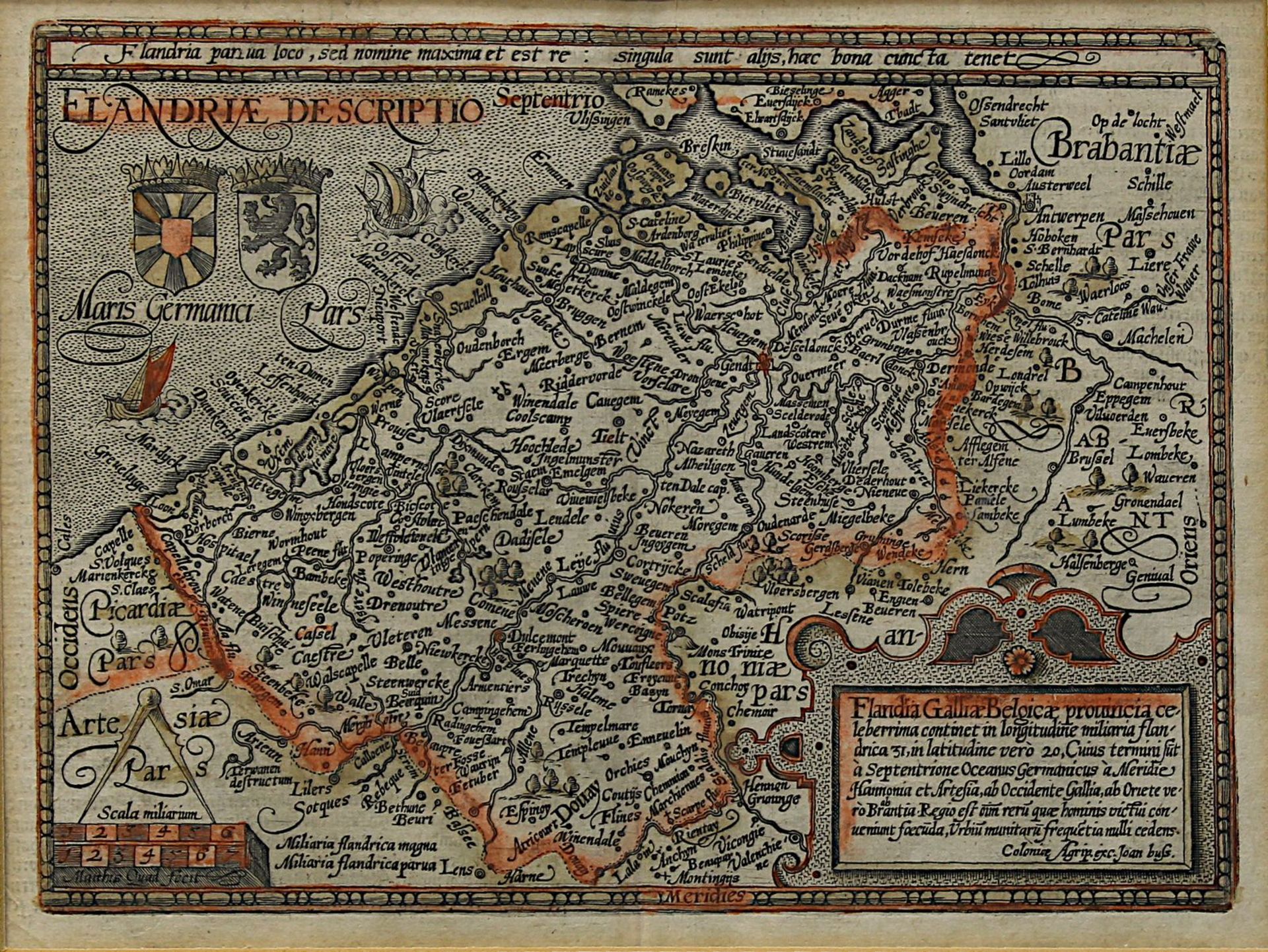 Flandern/Flandriae Descriptio - "Flandia Galliae Belgicae provinia ...", kolorierte Kupferstichkarte - Image 3 of 4