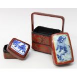 Miniatur-Hochzeitskorb und Dose, China 19. Jh.: dreistöckiger Hochzeitskorb/Lunchbox mit Tragebügel,