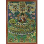 Thangka des Padmasambhava, Tibet 20. Jh., im Zentrum der Guru Rinpoche, Gründer des tibetischen