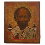 Ikone Heiliger Nikolaus der Wundertäter, Russland 2. H. 19. Jh., Tempera auf Holz, Darstellung des