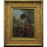Spitzer, Emanuel (Papa 1841 - 1919 Waging am See), Nähendes Mädchen im Garten, Öl auf Holz, im