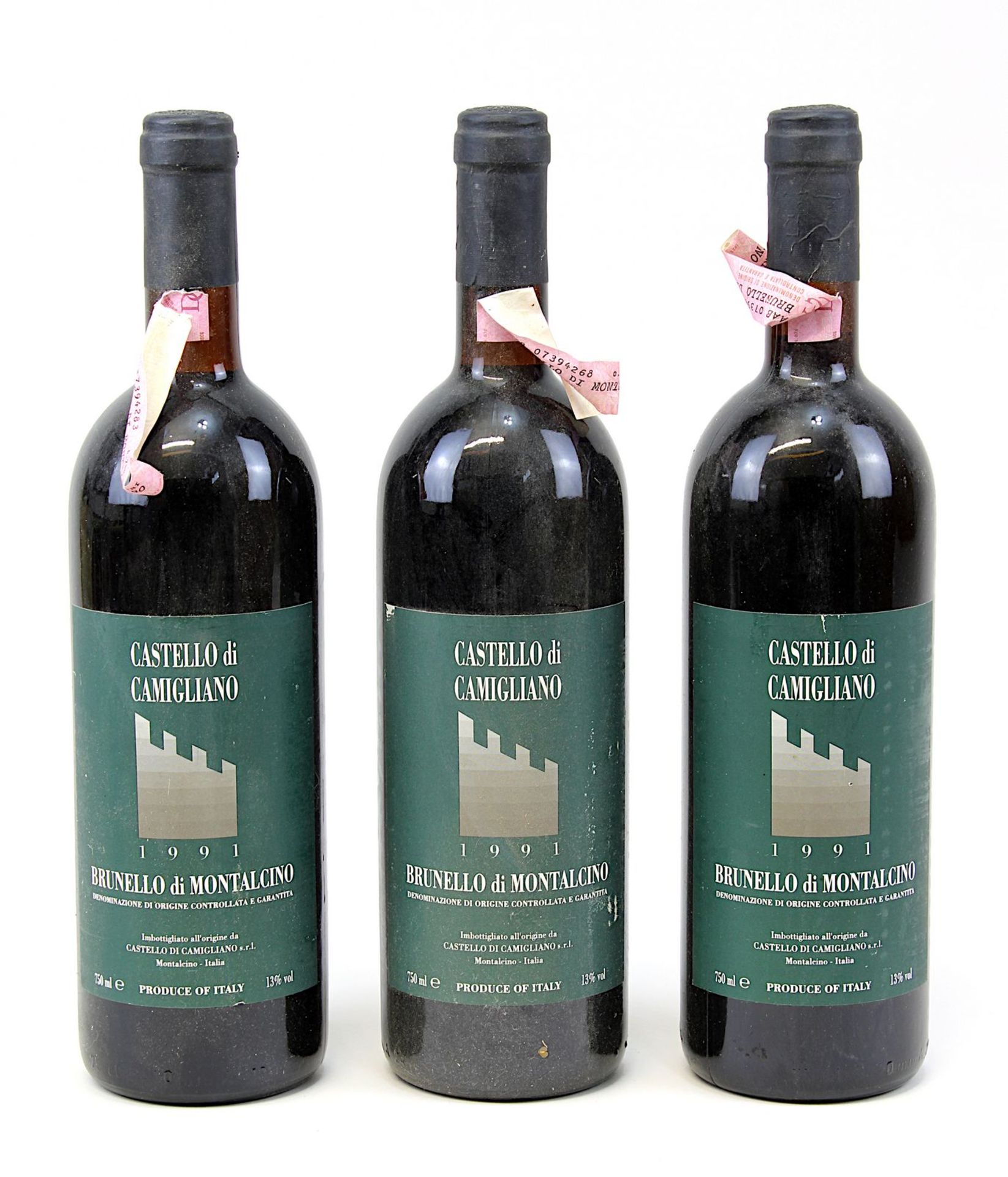 Drei Flaschen 1991er Brunello di Montalcino, Castello di Camigliano, Montalcino-Italia, Füllhöhe: