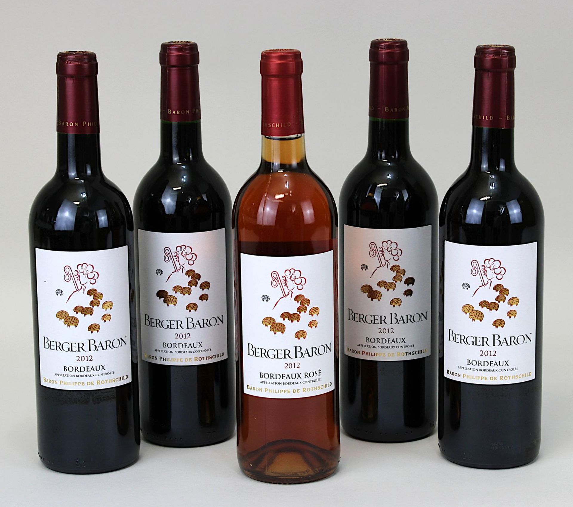 Fünf Flaschen 2012er Berger Baron, Bordeaux, Baron Philippe de Rothschild, Pauillac-Gironde, davon