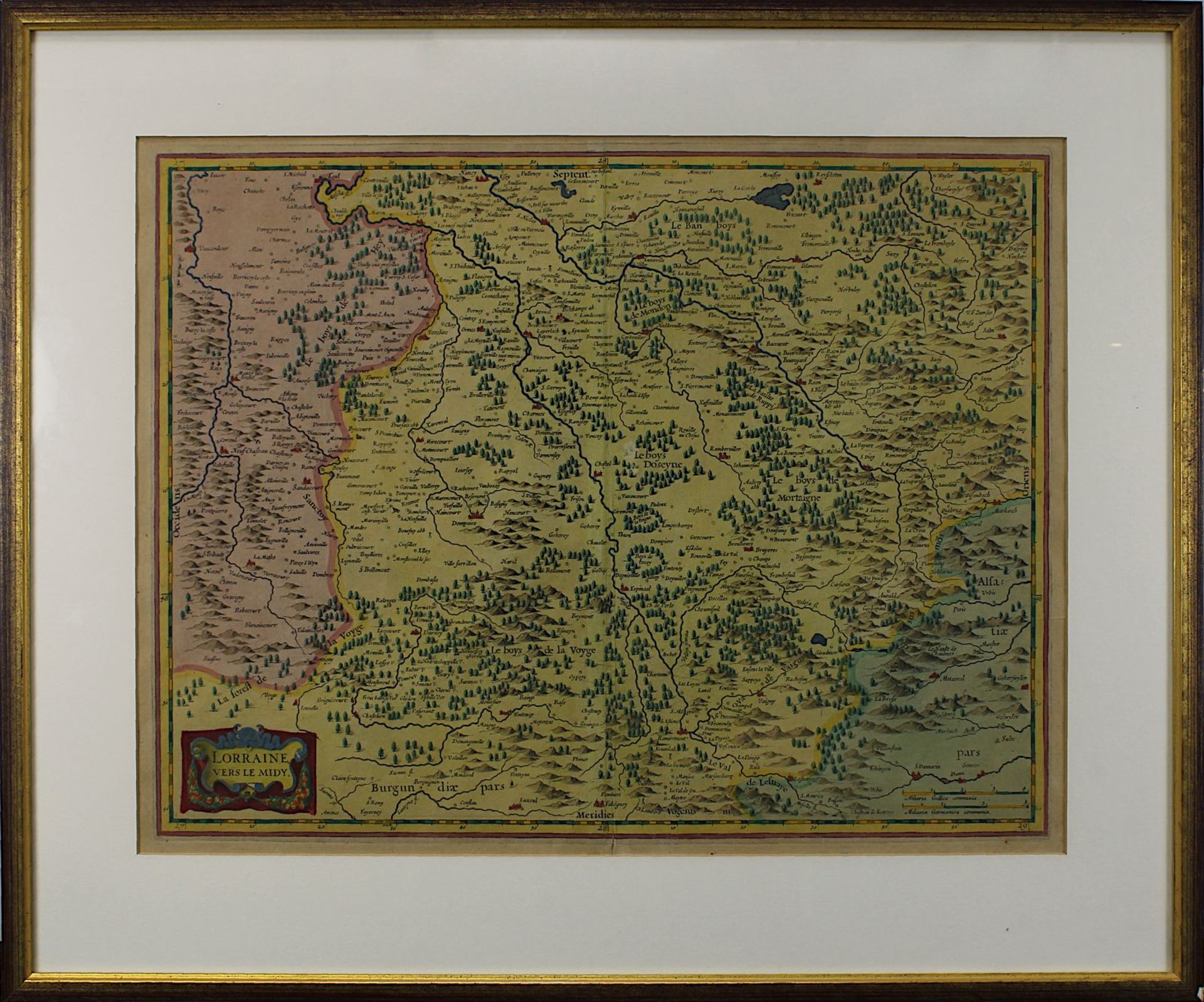 "Lorraine vers le midy", kolorierte Kupferstichkarte von Mercator-Hondius ca. 1635, zeit das