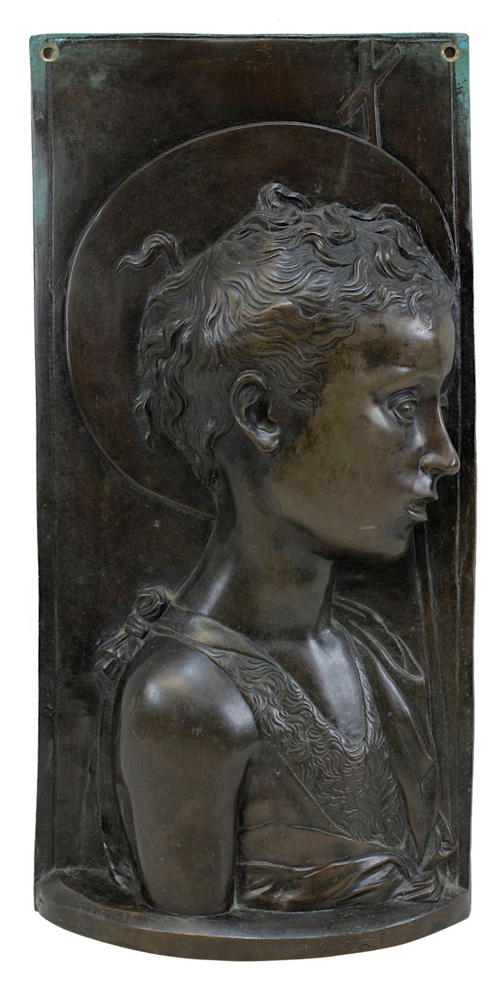 Johannesknabe Reliefbild aus Bronze, Frankreich 19 Jh., unten auf dem Sockel bez. Dº und Pfeil, L 48