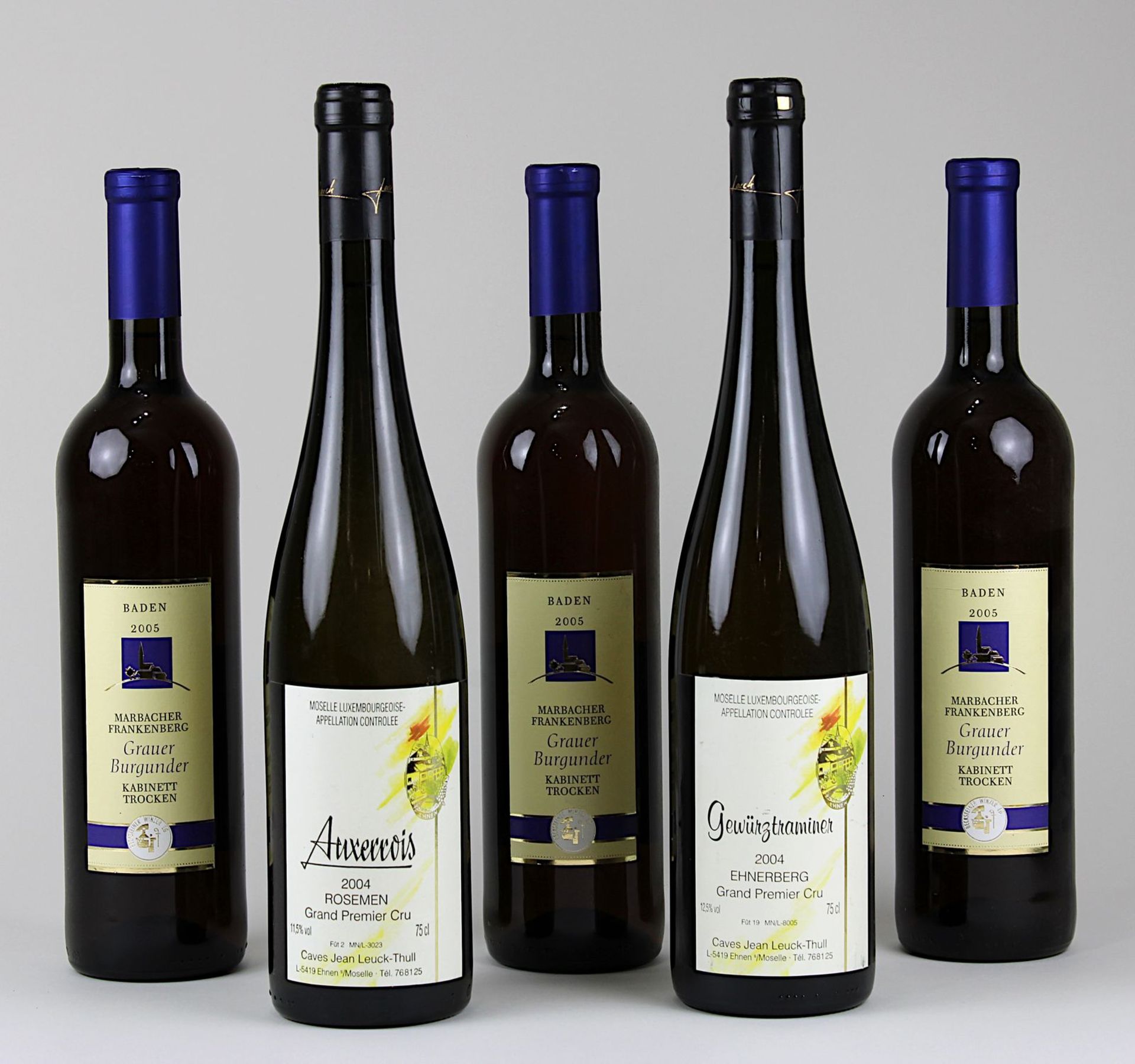 Fünf Flaschen Weißwein, Mosel u. Baden: eine Flasche 2004er Auxerrois, Rosemen, Grand Premier Cru,