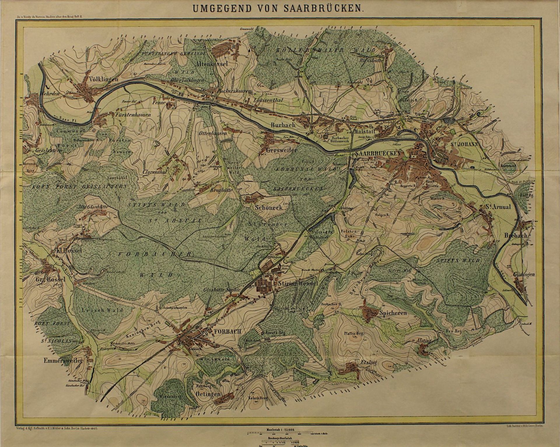 "Umgegend von Saarbrücken" - Karte, Farblithographie, Ende 19. Jh., aus einer Publikation zum - Image 2 of 2