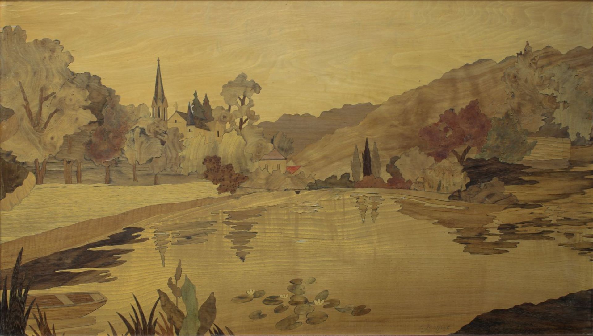 Teich vor einem Kloster im Elsass, Intarsienbild, Frankreich 1. H. 20. Jh., verschiedene teils - Bild 2 aus 3