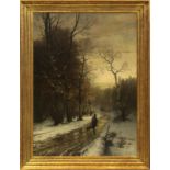 Wimmer, Conrad (München 1844 - 1905 München), winterlicher Waldweg mit Jägern und ihren Hunden in