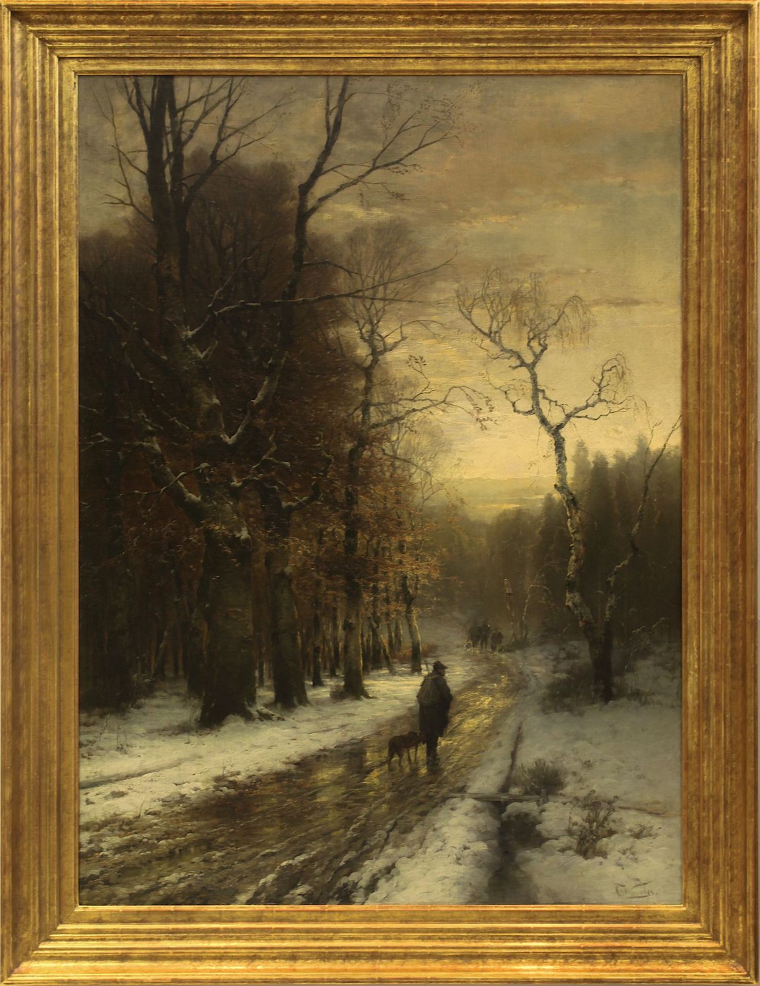 Wimmer, Conrad (München 1844 - 1905 München), winterlicher Waldweg mit Jägern und ihren Hunden in