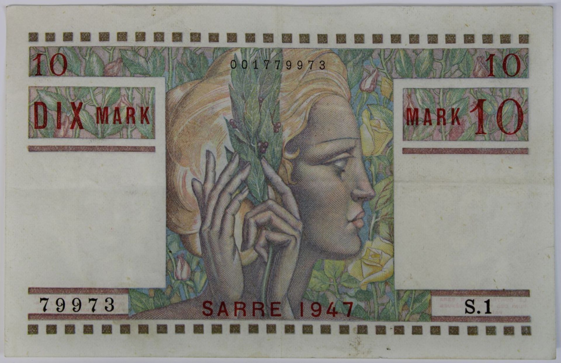 Banknote zu 10 Mark, Saarland / Sarre 1947, in deutscher und französischer Sprache, gute