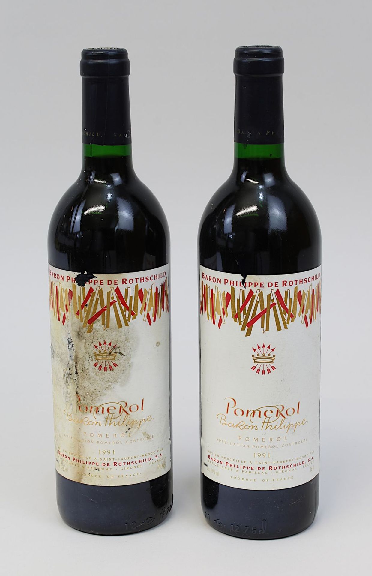 Zwei Flaschen 1991er Pomerol, Baron Philippe de Rothschild, Médoc, Pauillac, Gironde, jeweils gute