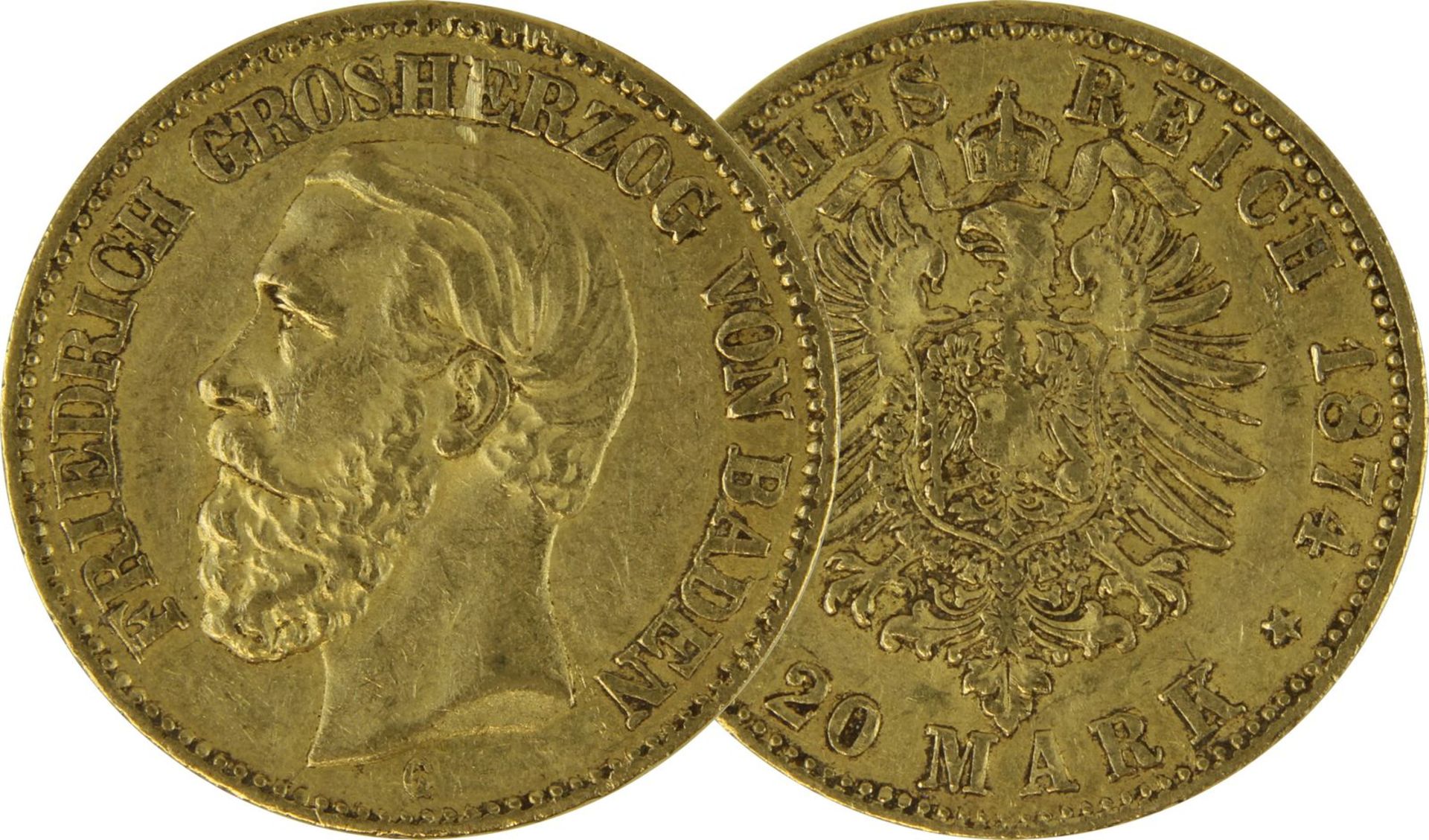 Goldmünze zu 20 Mark, Baden - Deutsches Reich 1874, Avers: Kopf Friedrich Grosherzog von Baden