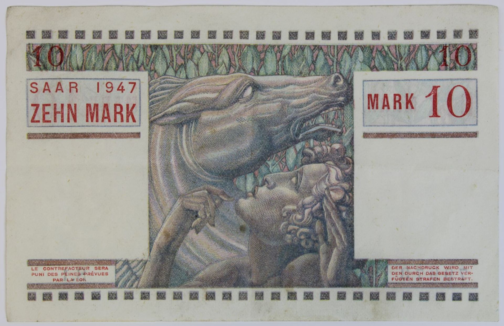 Banknote zu 10 Mark, Saarland / Sarre 1947, in deutscher und französischer Sprache, gute - Image 2 of 2