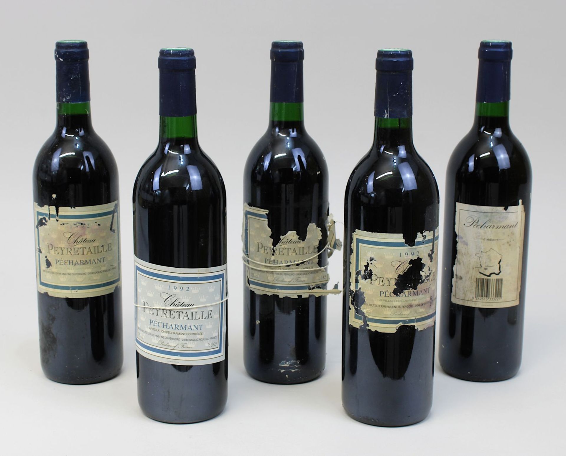 Fünf Flaschen 1992er Château Peyretaille, Pércharmant, Gageac - Rouillac, jeweils gute Füllhöhe,