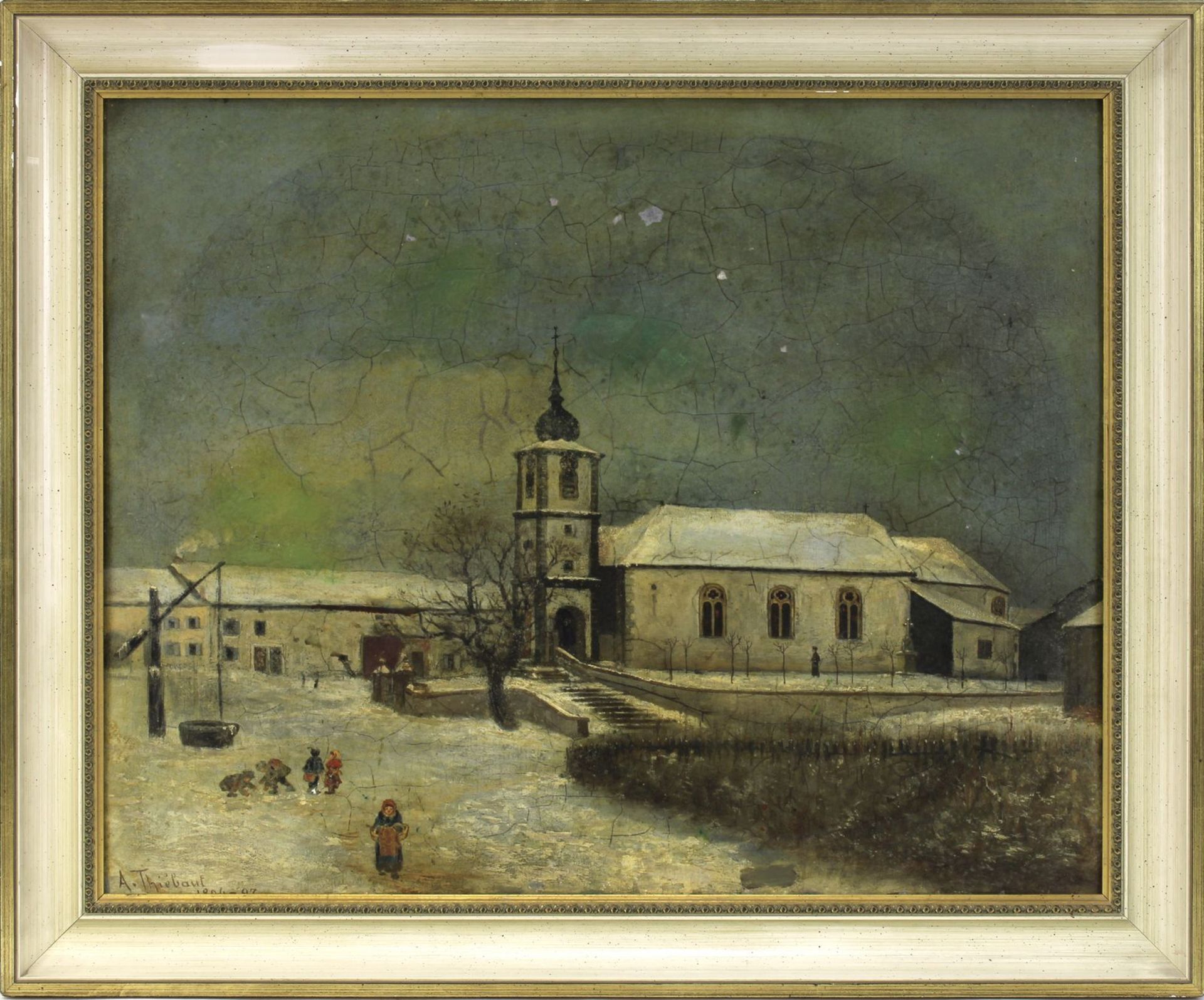 A. Thiébaut, Wintersiche Ansicht einer Kirche bei Morhange, Lothringen, Öl auf Aluminiumplatte,