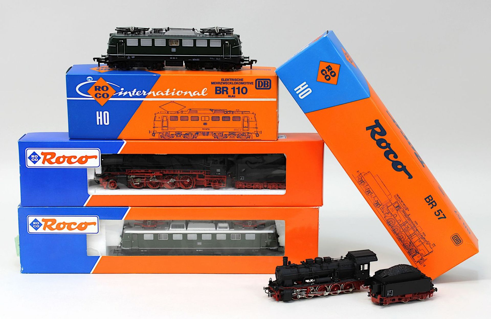 4 Roco Lokomotiven der DB, Spur H0, E - Lok 4135 A (BR 110) u. 43585 (BR 150), Schlepptenderlok