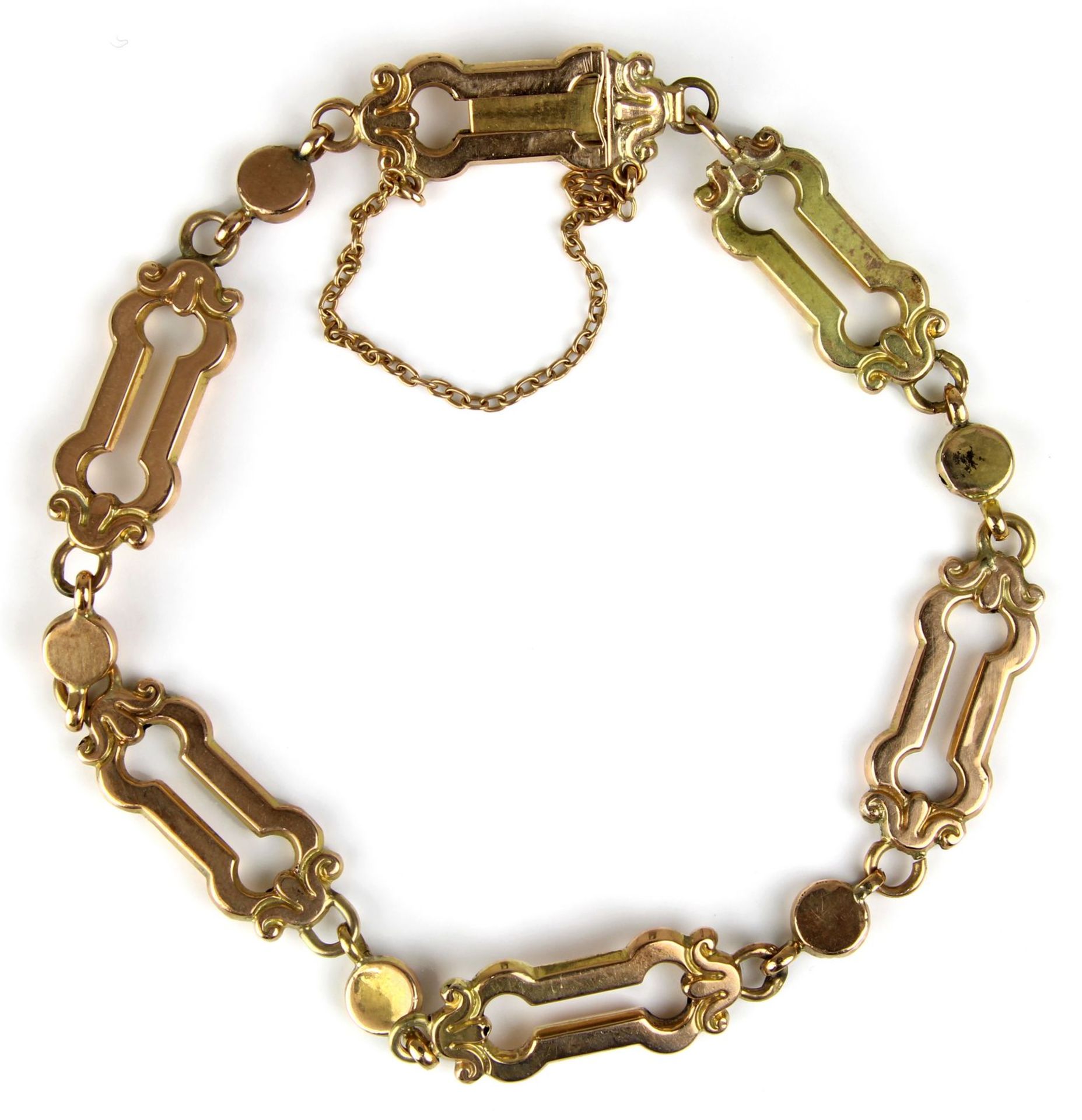 Rotgold Damenarmband, Italien um 1900, 18 Kt., nicht gestempelt, aber geprüft, mit Reparatur und