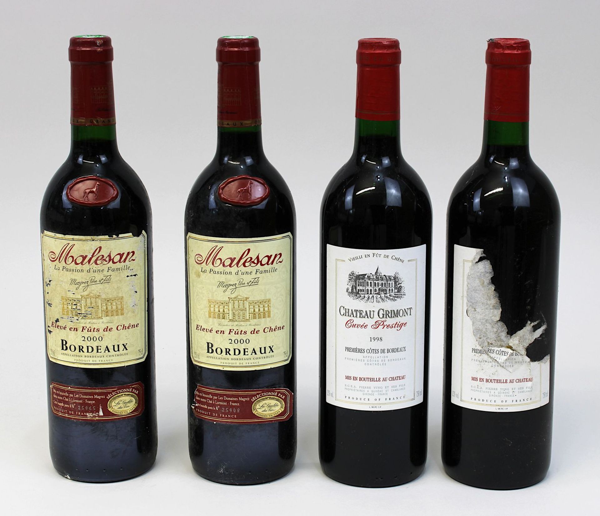 Vier Flaschen Bordeaux: zwei Flaschen 1998er Chateau Grimont, Premières Côtes de Bordeaux,