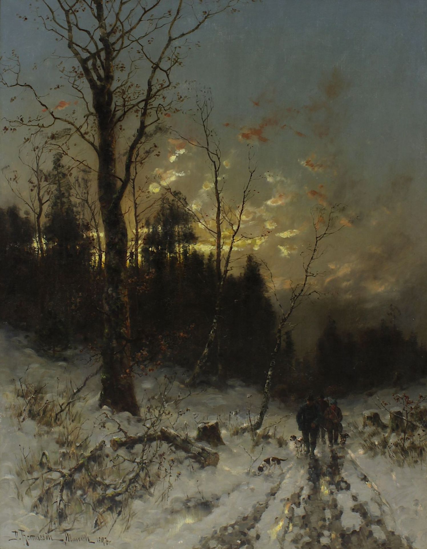 Thomassin, Désiré (Wien 1858 - 1933 München), Jäger mit ihren Hunden auf einem Waldweg in der - Bild 2 aus 4