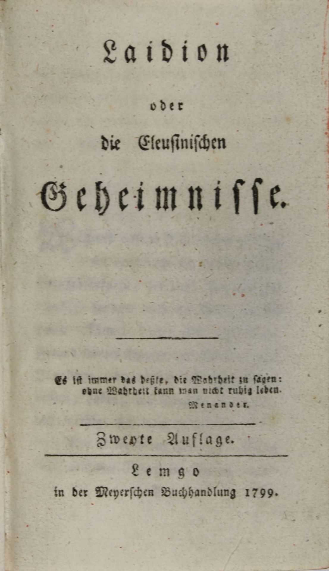 Wilhelm Heinse "Laidion oder die Eleusinischen Geheimnisse", 2. Auflage, Lemgo 1799, Pappeinband,