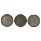 Drei Silbermünzen 2. H. 19. Jh., Niederlande, Belgien u. Spanien: zweieinhalb Gulden, Wilhelm III,