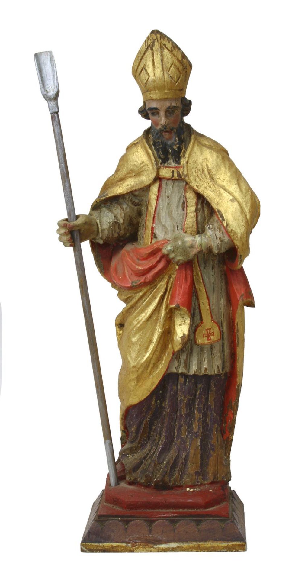 Heiliger Bischof, 19. Jh., Holz geschnitzt u. farbig gefasst, rückseitig geflacht, in vollem
