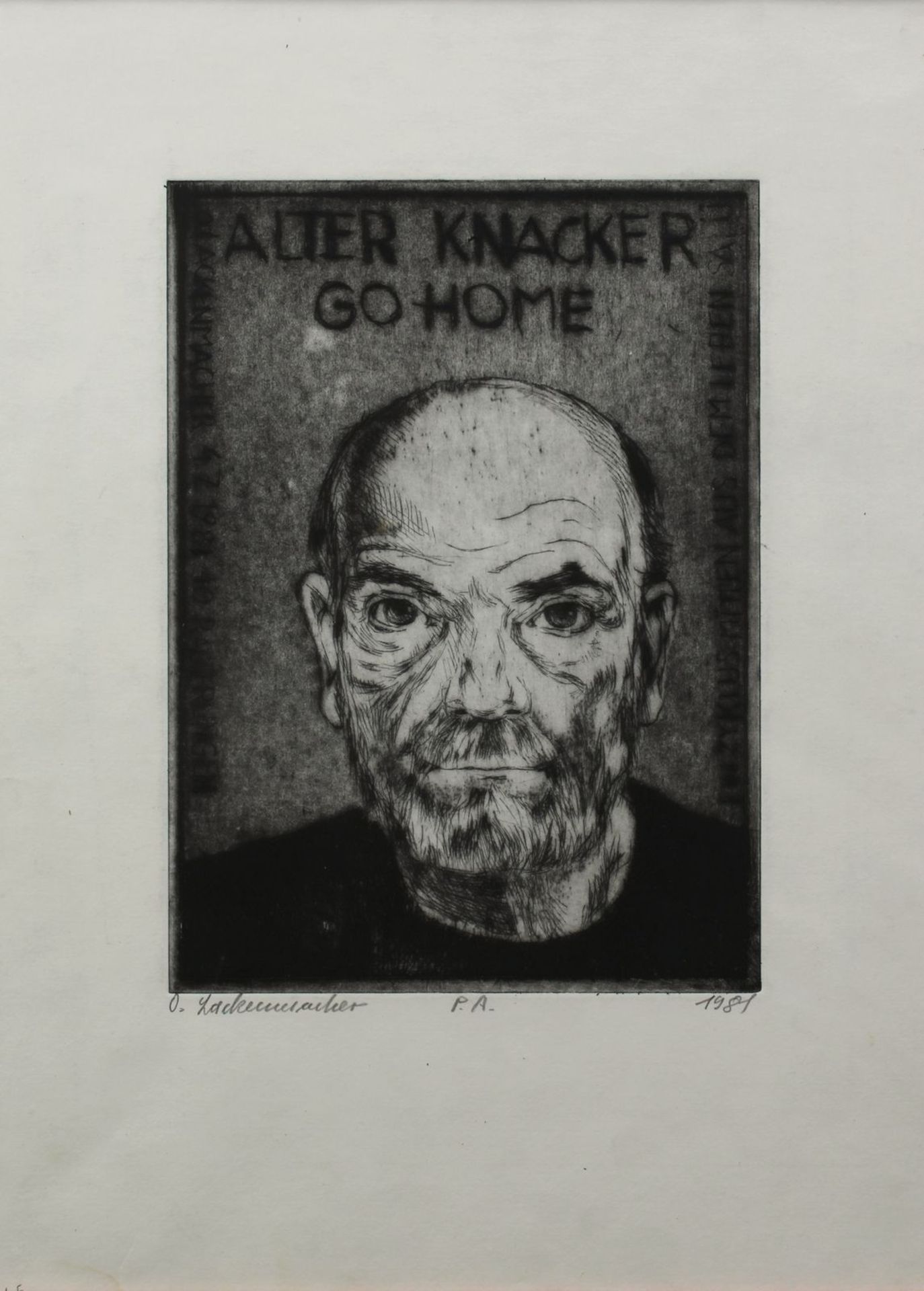 Lackenmacher, Otto (Saarbrücken 1927 - 1988 Saarbrücken), "Alter Knacker Go Home", Radierung, unt. - Image 2 of 2