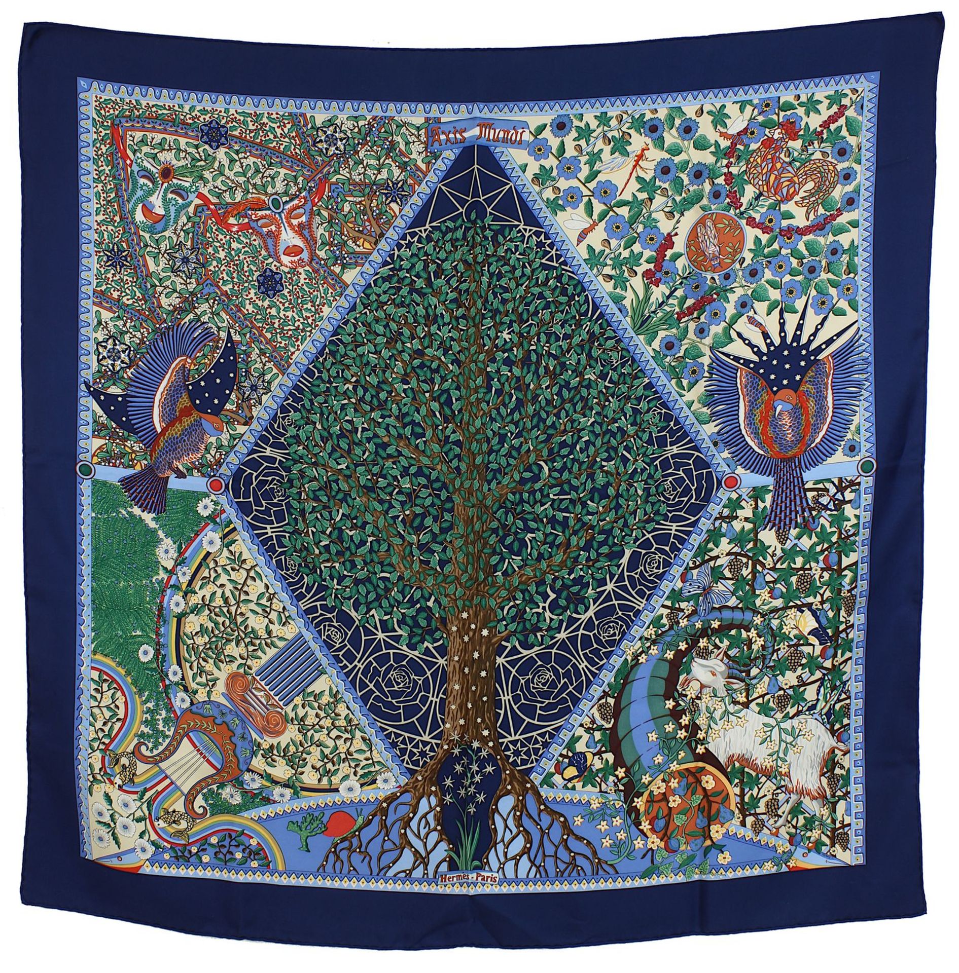 Seidenschal, Hermès, “Axis Mundi”, bezeichnet Hèrmes Paris, 86 x 86 cm, farbig bedruckte Seide.