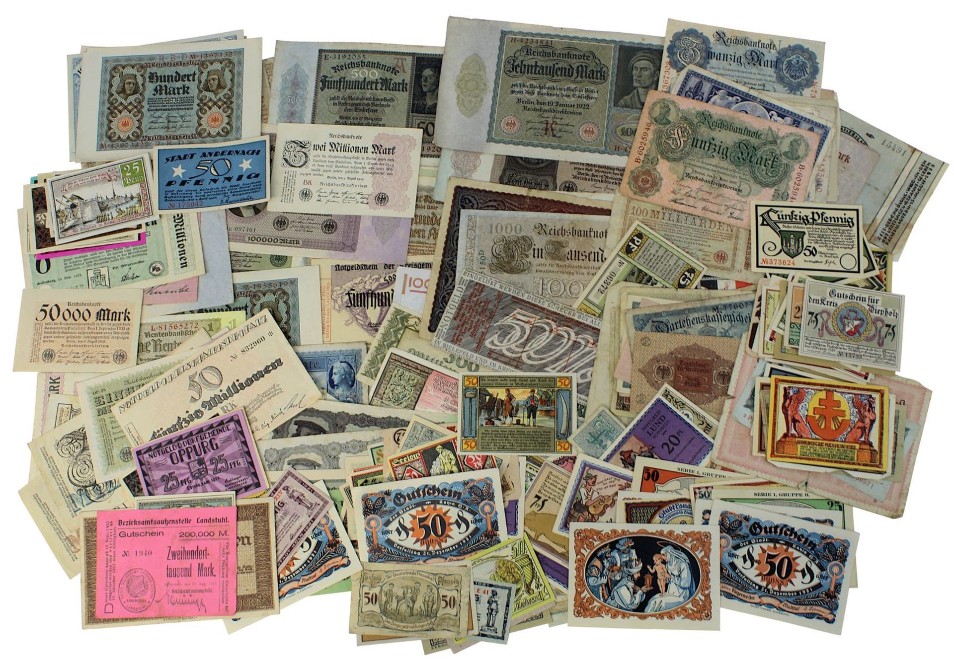 Kleine Sammlung von ca. 250 Banknoten u. Notgeld, meist 1920er Jahre, Reichsbanknoten,