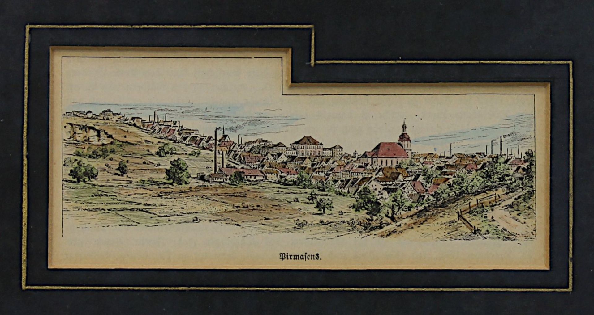 Pirmasens, kolorierter Holzstich um 1880, 6 x 13,5 cm (Passepartoutausschnitt), Papier leicht - Bild 2 aus 2