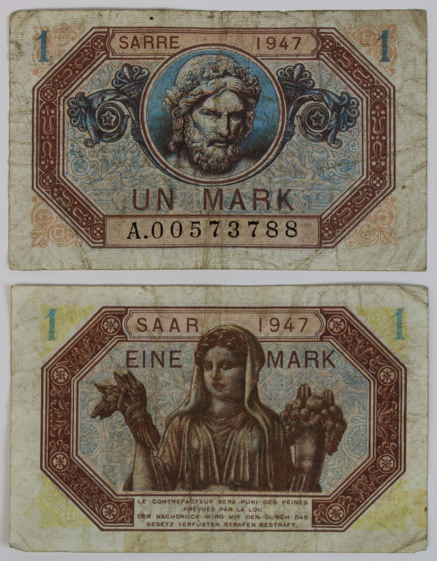 Zwei Banknoten zu einer Mark, Saar 1947, Vorderseite mit französischer Beschriftung, Rückseite mit