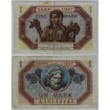 Zwei Banknoten zu einer Mark, Saar 1947, Vorderseite mit französischer Beschriftung, Rückseite mit