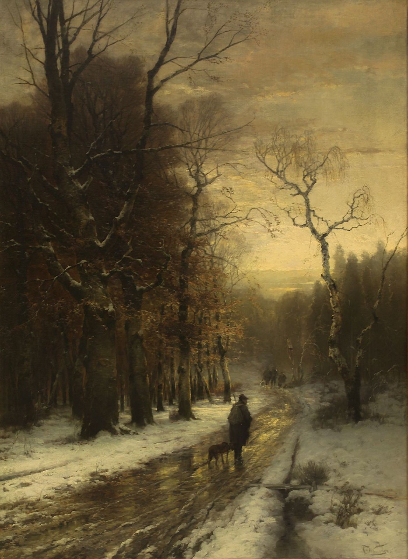 Wimmer, Conrad (München 1844 - 1905 München), winterlicher Waldweg mit Jägern und ihren Hunden in - Bild 2 aus 4