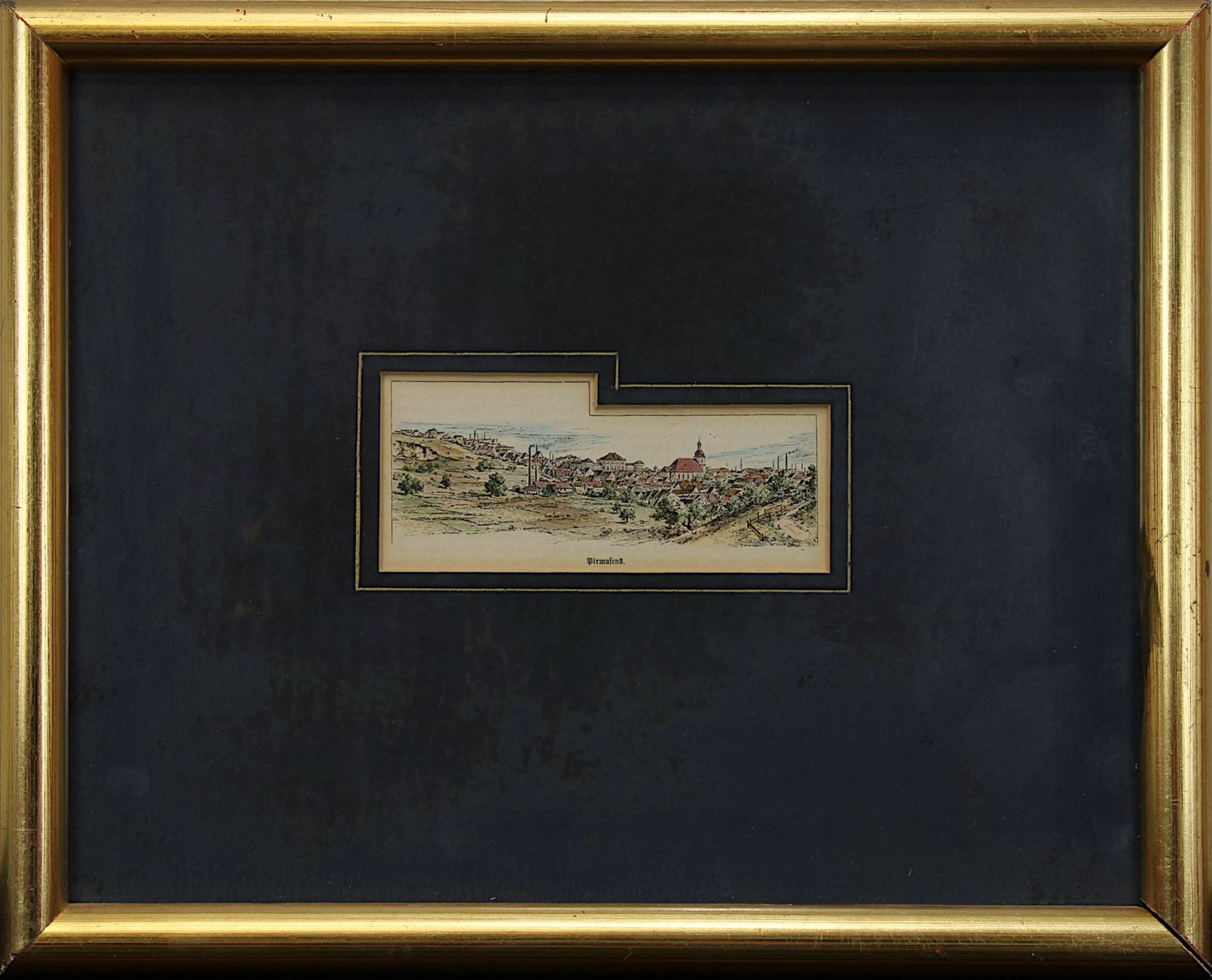 Pirmasens, kolorierter Holzstich um 1880, 6 x 13,5 cm (Passepartoutausschnitt), Papier leicht