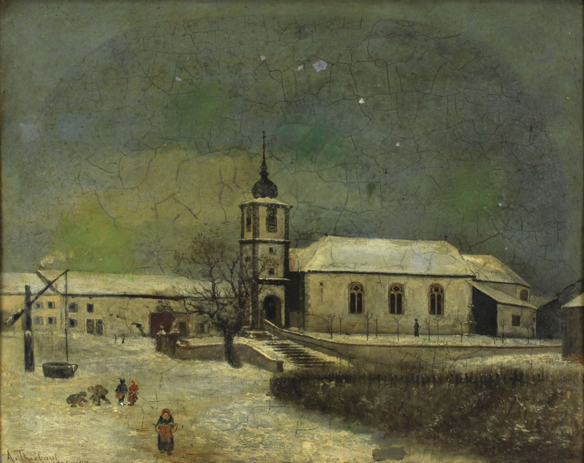 A. Thiébaut, Wintersiche Ansicht einer Kirche bei Morhange, Lothringen, Öl auf Aluminiumplatte, - Bild 2 aus 2