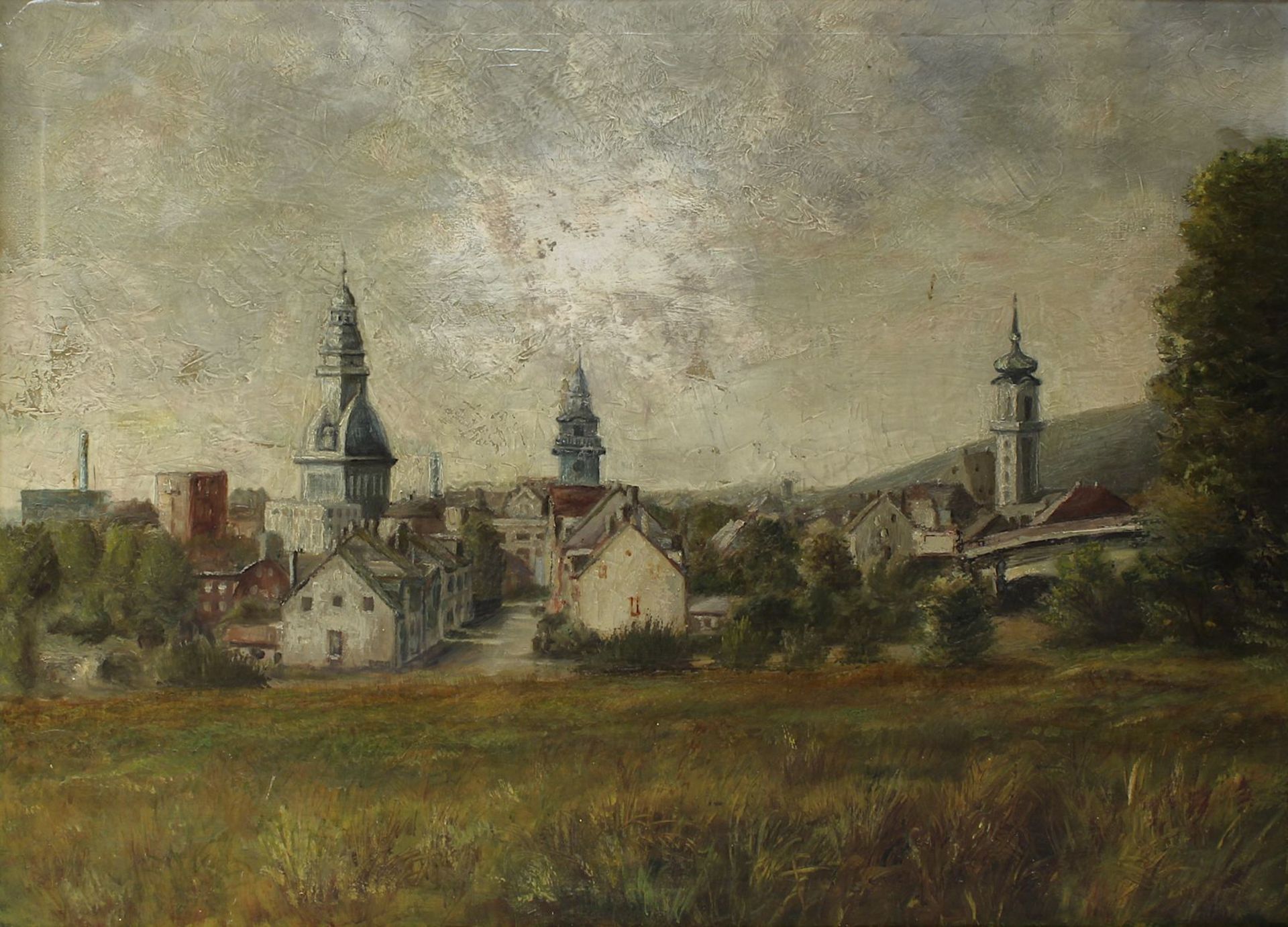 Saarländischer Künstler, Völklingen mit Kirchen, auf der rechten Seite Hüttenschornstein der - Image 2 of 3