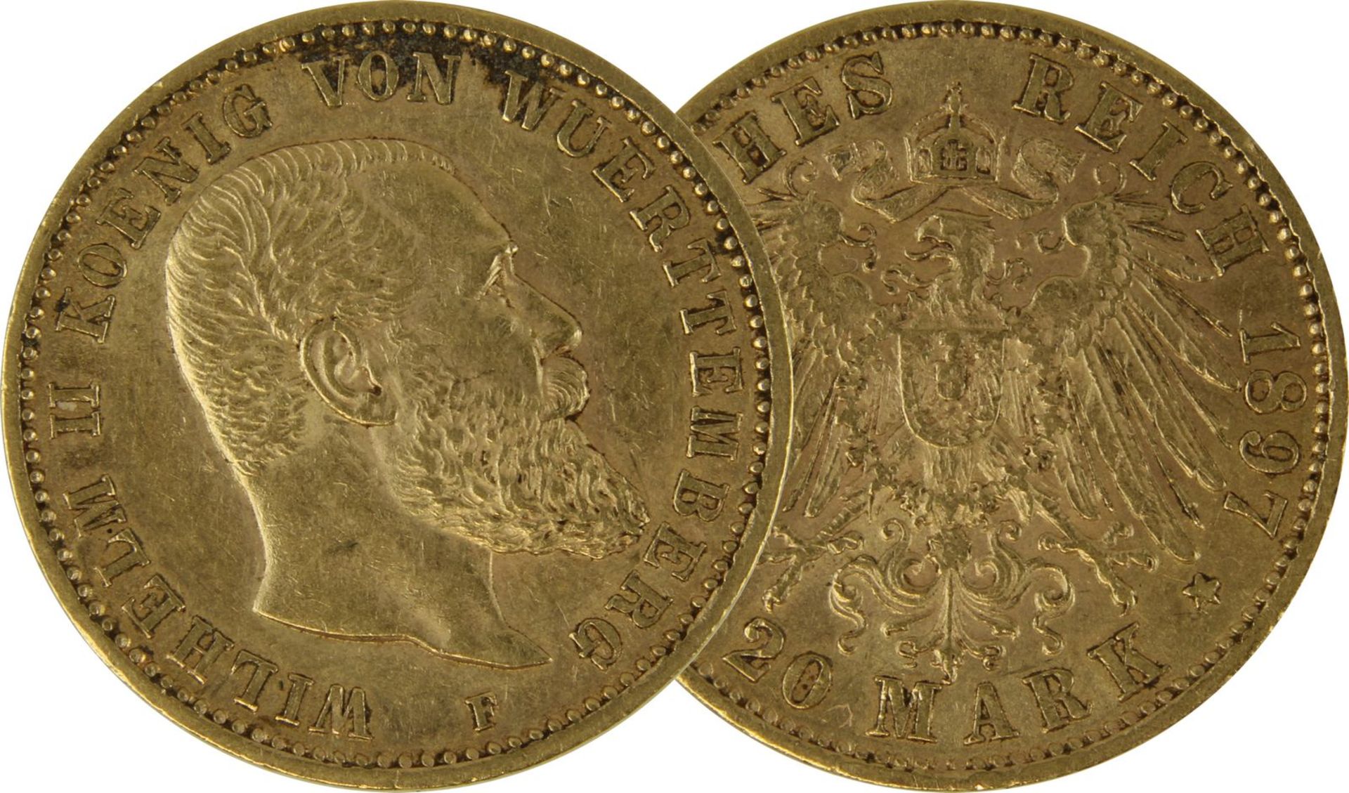 Goldmünze zu 20 Mark, Württemberg - Deutsches Reich 1897, Avers: Kopf Wilhelm II König von