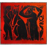 Grieshaber, HAP ( Rot an der Rot 1909 - 1981 Eningen ), drei Figuren, Druck auf dunkelrotem Glas,