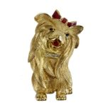 Grosse Brosche in Form eines Yorkshire-Terriers, Metall vergoldet, mit Strasssteinen und rotem
