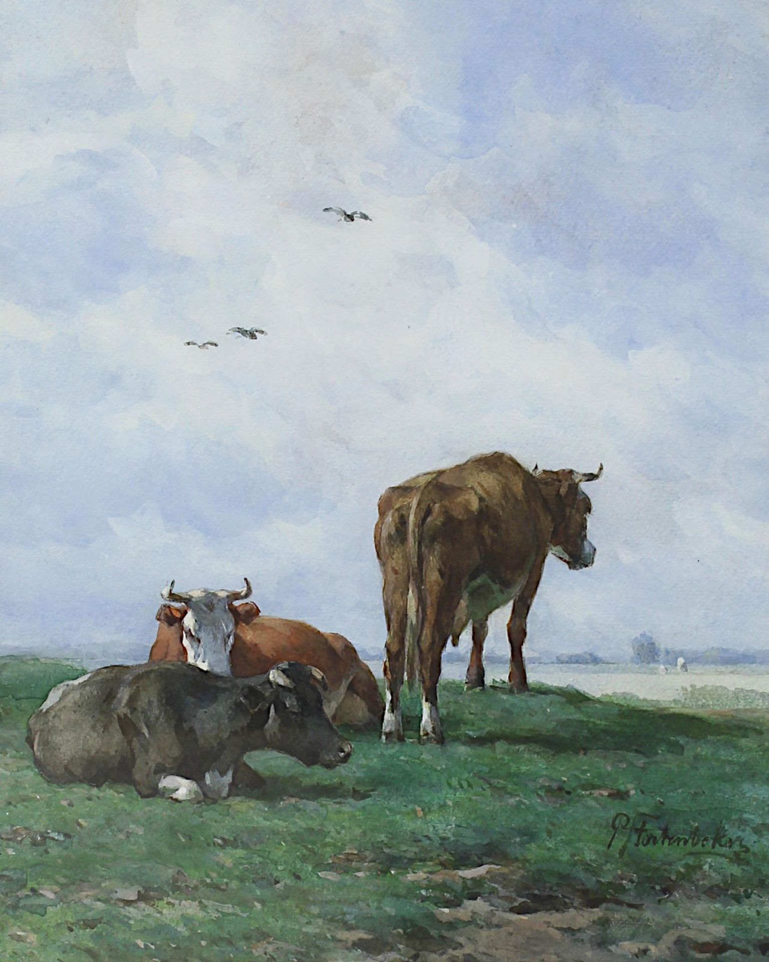 Stortenbeker, Pieter (1828-1898), Landschaftsbild mit Kühen, Aquarell/Mischtechnik, unt. re. - Bild 2 aus 2