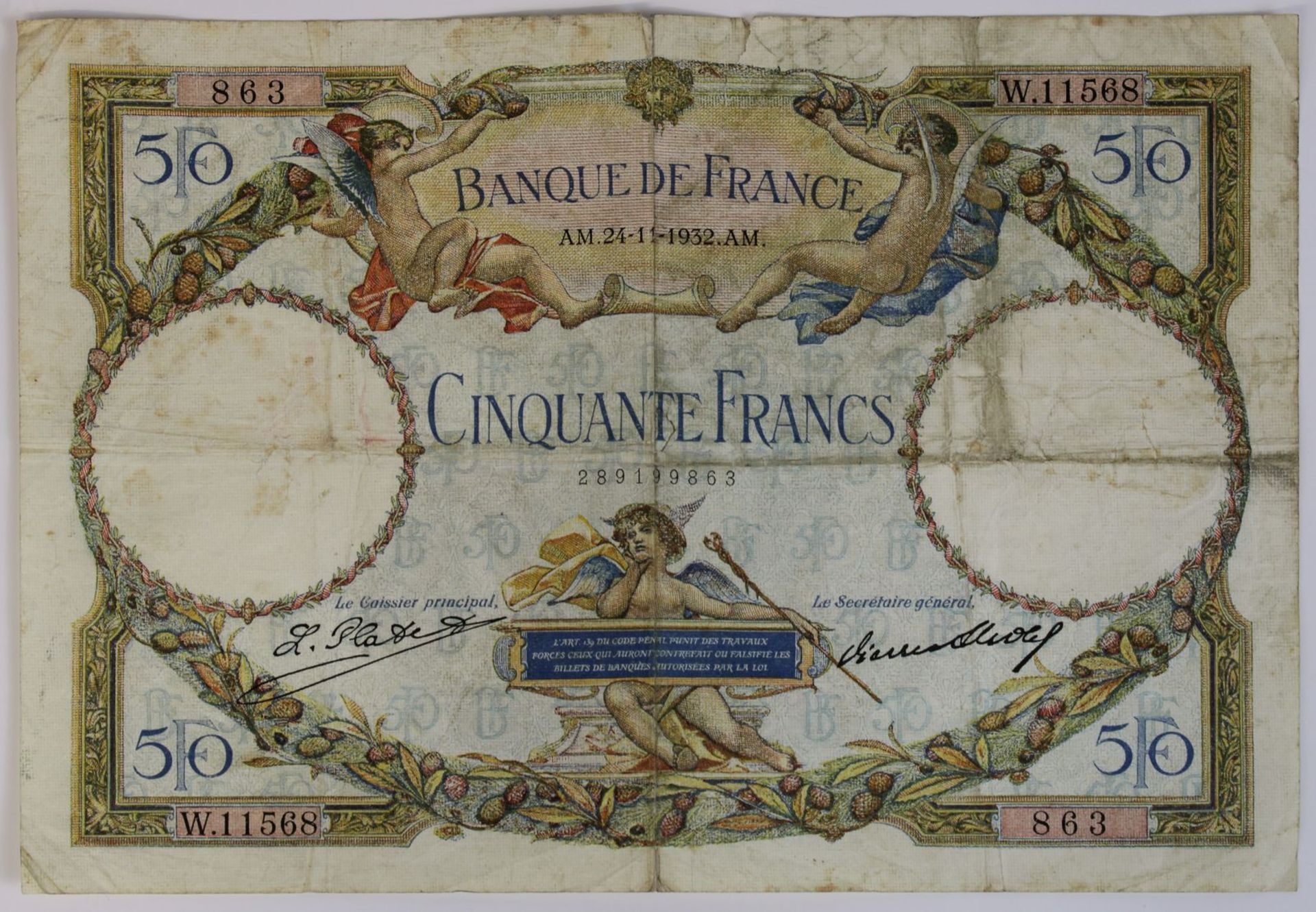 Banknote zu 50 Francs, 1932, Banque de France Cinquante Francs, Altersspuren u. Knickfalten,