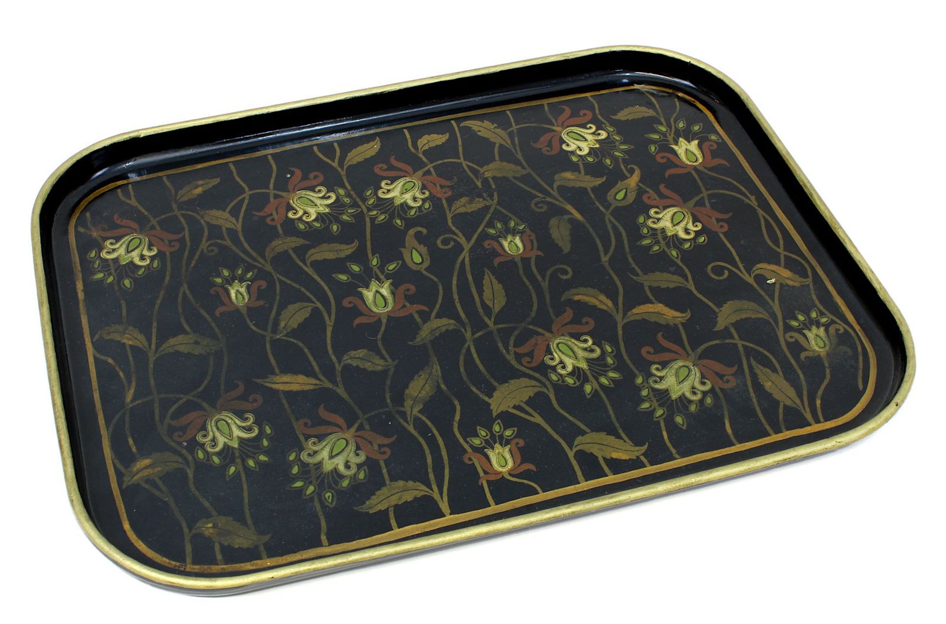 Fa. Adt, Ensheim und Forbach, ein Pappmaché - Tablett, schwarz mit Pflanzenranken im Jugendstil,