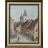 Breyer, Benno (Ommersheim 1939 - 2013 ebenda), (St. Peter) "in Ensheim", Blick auf Straßenzug und