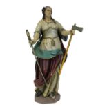 Figur einer weiblichen Heiligen, wohl süddeutsch 17./18. Jh., Holz geschnitzt u. farbig gefasst,