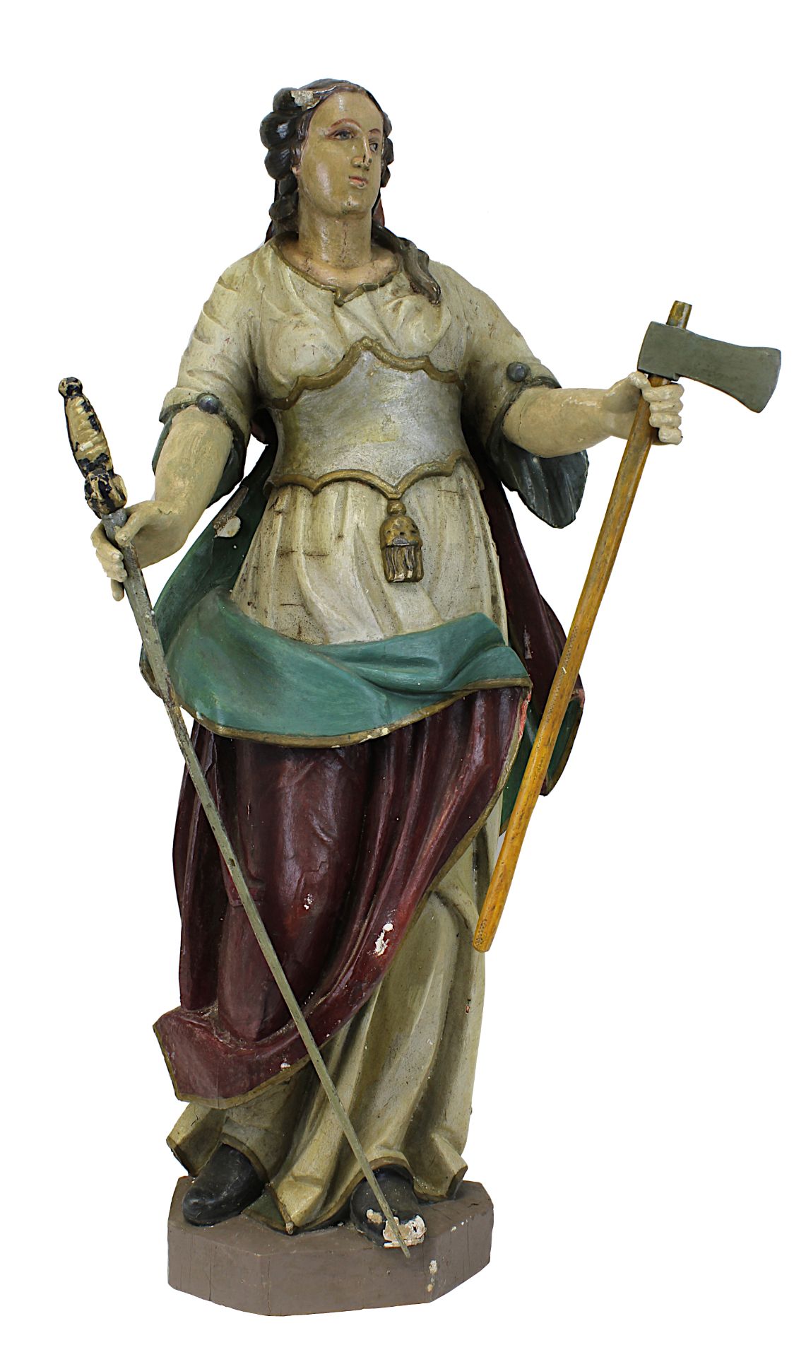 Figur einer weiblichen Heiligen, wohl süddeutsch 17./18. Jh., Holz geschnitzt u. farbig gefasst,