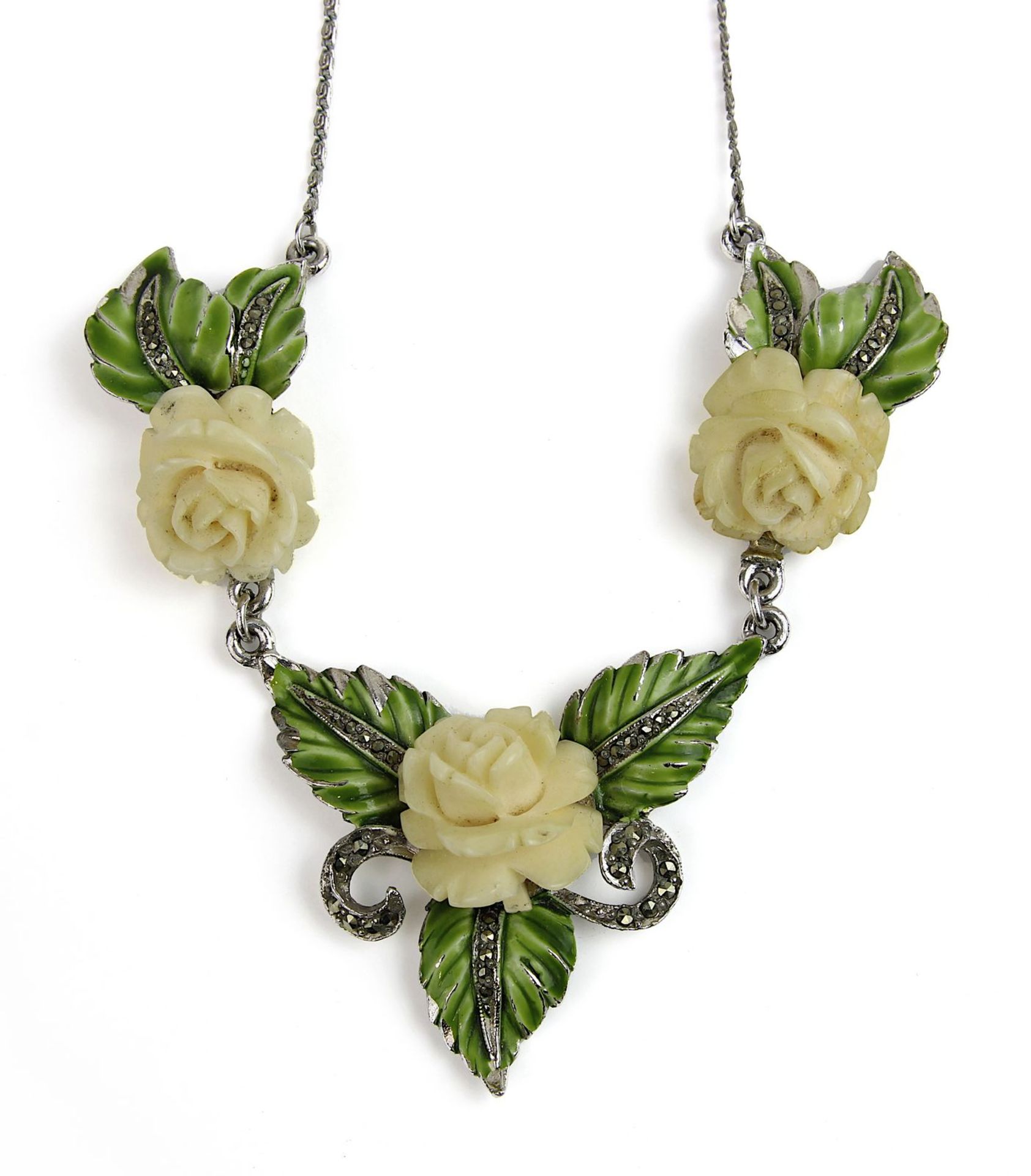 Silbercollier mit Rosen und Markasiten, Deutschland um 1930-50, Silber mit Herstellermarke BJL, ohne