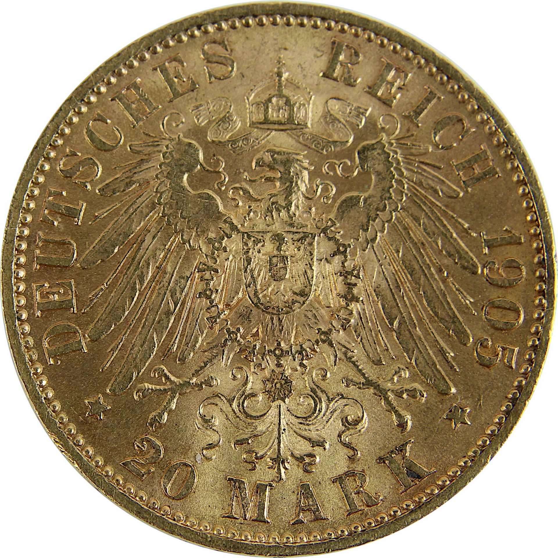 Goldmünze zu 20 Mark, Sachsen - Deutsches Reich 1905, Avers: Kopf Friedrich August von Sachsen - Image 3 of 3