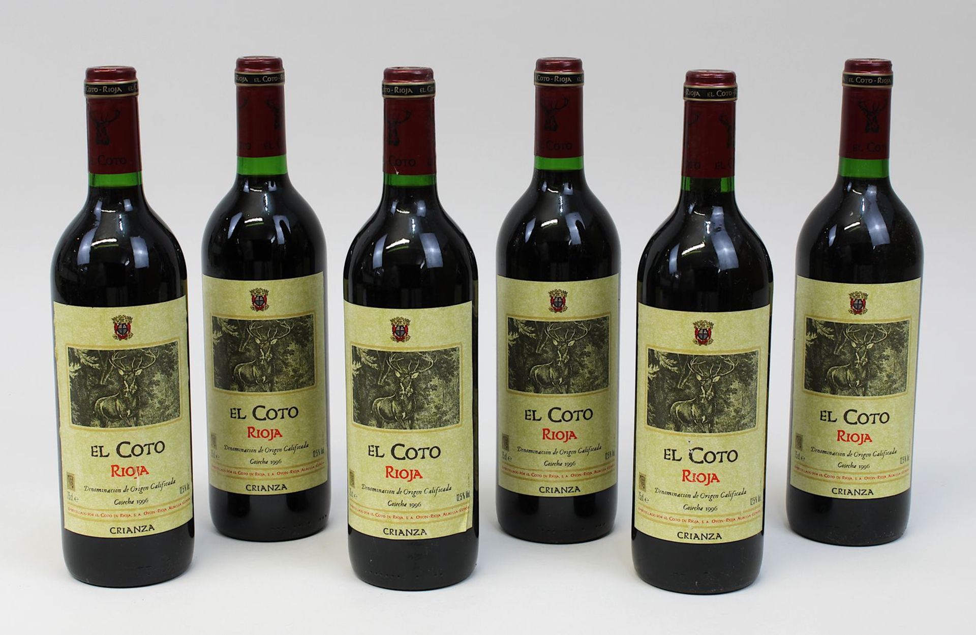 Sechs Flaschen 1996er El Coto, Rioja, Alavesa, Calificada Cosecha, Crianza, jeweils gute Füllhöhe,